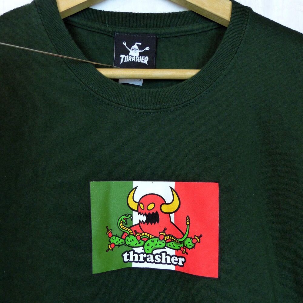 Thrasher x Toy Machine Hecho T-Shirt Men XL Forest Green Mexico Flag Devil Skate
